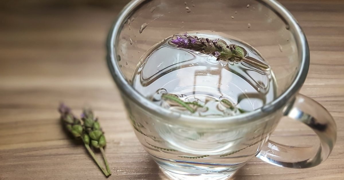 Cup of lavender chamomile tea with dried lavender and chamomile flowers